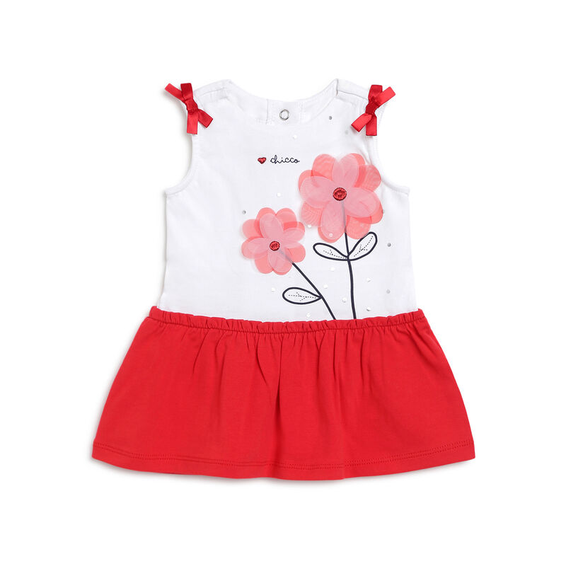 Girls White and Red Printed Sleeveless Dress image number 0